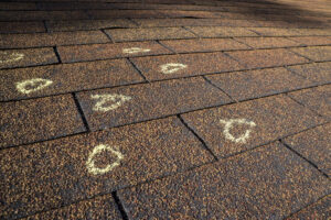A roof that includes chalk outlines of where hail fell and caused damage.