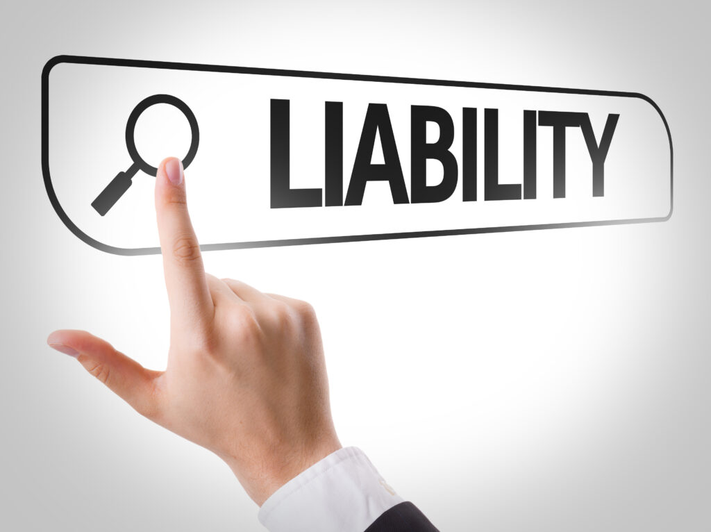A person points at a screen. He is pointing at the magnifying glass that is to the left of the word LIABILITY.